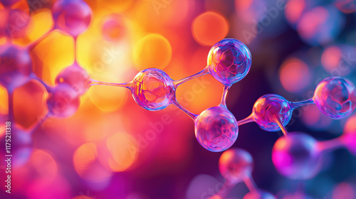 Molecular model of protein folding with glowing effects, showcasing vibrant colors and intricate structures. This 3D visualization highlights beauty of molecular science