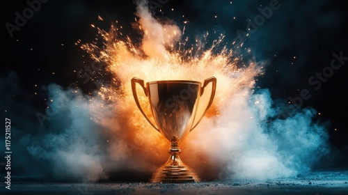 A captivating image showcasing a radiant golden trophy amidst a spectacular explosion of colorful powder and smoke, symbolizing victory, energy, and artistic celebration. photo