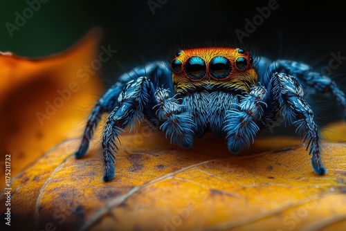 Colorful jumper spider resting on a vibrant leaf in a natural habitat during daylight photo