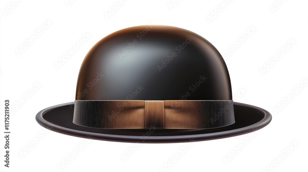 Fototapeta premium Vintage bowler hat with a sleek ribbon, resting on a seamless white background, full focus.
