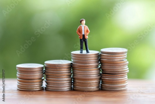 A miniature figure stands triumphantly on stacked coins, symbolizing financial success and investment growth.