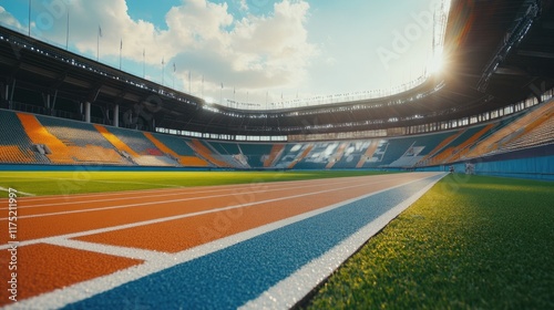 Empty Stadium Track And Field Area Under Sunny Sky photo