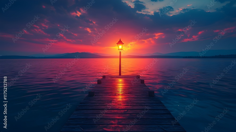 Sunset over ocean, long pier with solitary lamp post, vibrant red and orange sky, reflective calm water, silhouette of boats, dramatic clouds, aerial view, cinematic lighting, high contrast Sunset over ocean, long pier with solitary lamp post, vibrant red and orange sky, reflective calm water, silhouette of boats, dramatic clouds, aerial view, cinematic lighting, high contrast