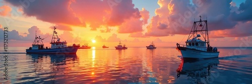 Colorful shrimp boats dot the horizon as the sun dips low, shrimp boats, boats, seafood