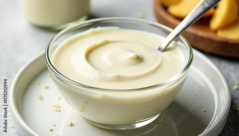Creamy white mayonnaise sauce in a glass saucer on a light background, with a simple utensil and garnish, homemade, saucepan, jarred Creamy white mayonnaise sauce in a glass saucer on a light background, with a simple utensil and garnish, homemade, saucepan, jarred