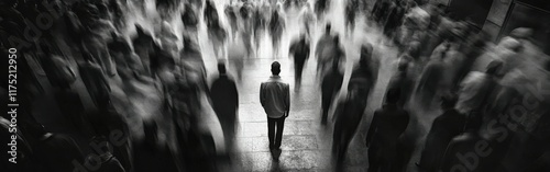 Lonely figure surrounded by a blur of moving crowds in a bustling urban space