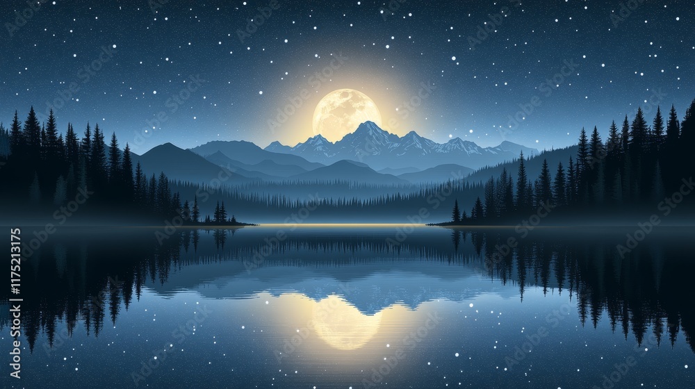 custom made wallpaper toronto digitalSerene Night Landscape Full Moon over Mountain Lake Reflection