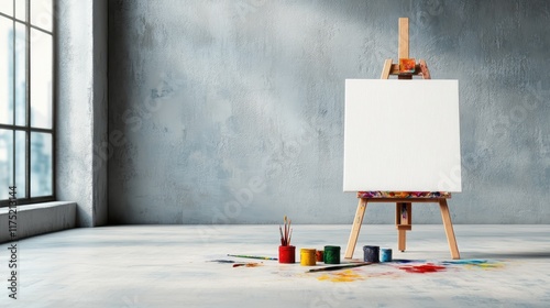 A blank canvas on an easel in a sunny art studio, with various colored paints and brushes organized below, representing creativity and endless artistic possibilities. photo