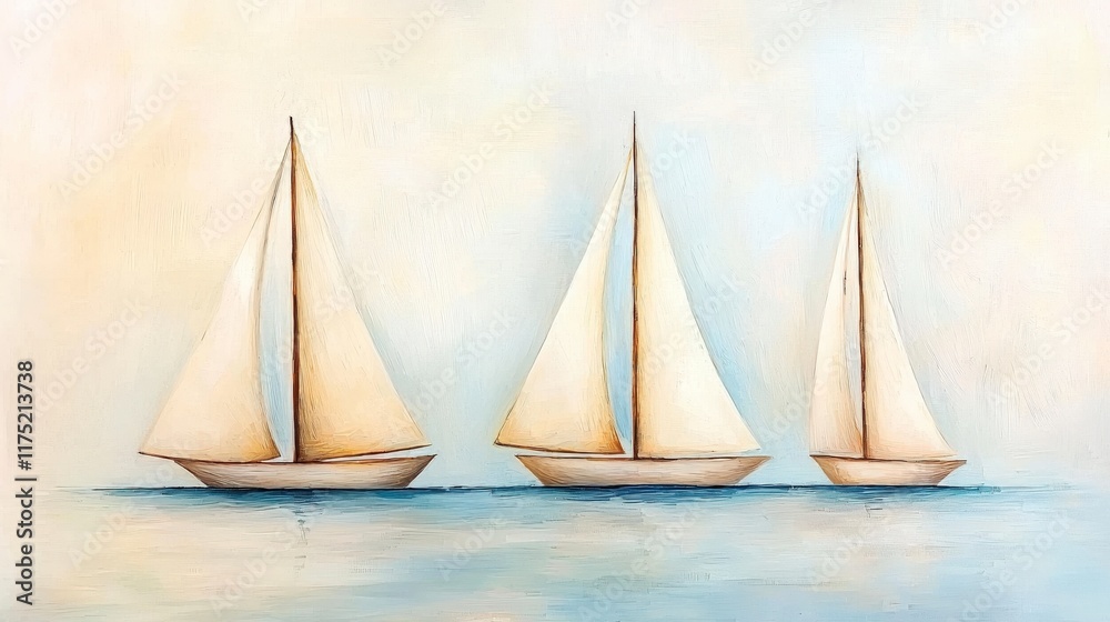 Naklejka premium Serene Afternoon with Three Elegant Sailboats Gliding Across the Calm Water Surface