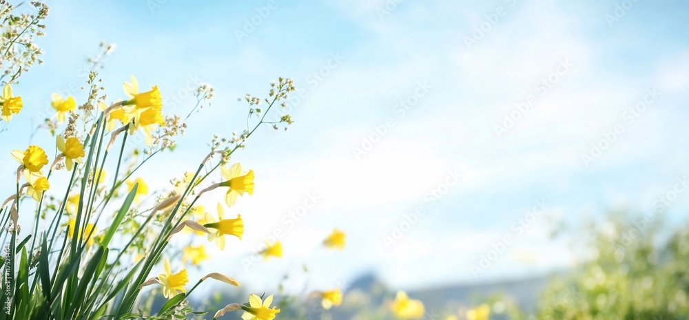 A serene landscape featuring vibrant yellow flowers against a blue sky. A serene landscape featuring vibrant yellow flowers against a blue sky.