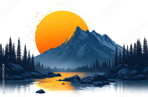 Majestic mountain peak at sunrise, stylized graphic design. photo