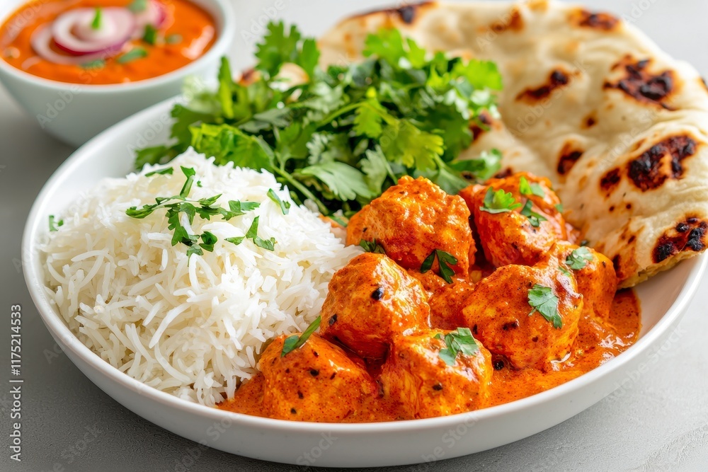 Delicious butter chicken curry with rice and naan indian cuisine food presentation indoor dining close-up flavorful meal experience Delicious butter chicken curry with rice and naan indian cuisine food presentation indoor dining close-up flavorful meal experience