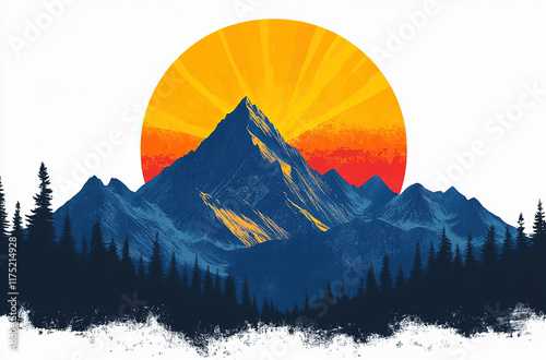 Majestic mountain peak at sunrise, stylized graphic design. photo