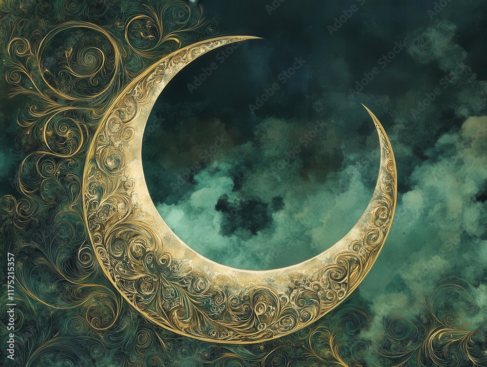 Ornate Gold Crescent Moon in a Dark Teal Night Sky Ornate Gold Crescent Moon in a Dark Teal Night Sky