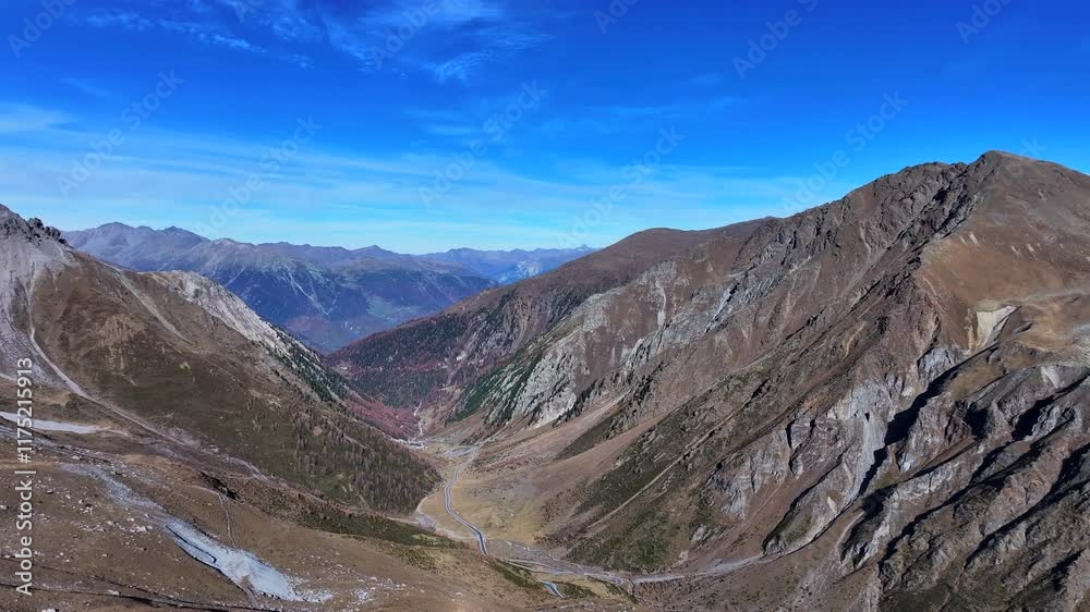 Aerial view of the fall scenery around the Umbrail Pass in Grisons, Switzerland Aerial view of the fall scenery around the Umbrail Pass in Grisons, Switzerland