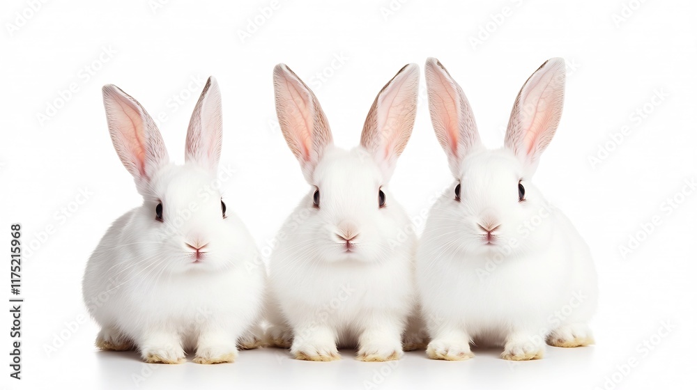 Three Fluffy White Rabbits Sitting Side by Side on White Backdrop Three Fluffy White Rabbits Sitting Side by Side on White Backdrop