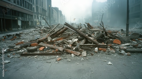 A misty urban scene dominated by a street covered in brick and metal debris, creating a haunting atmosphere of abandonment and lingering destruction. photo