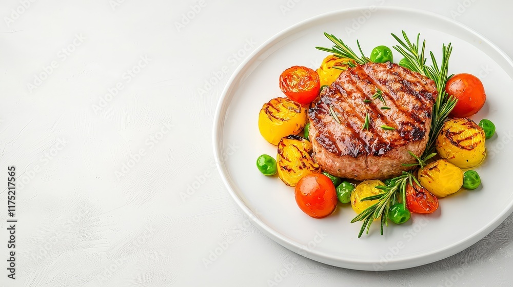 Grilled Beef Patty Surrounded by Colorful Vegetables on a White Plate Grilled Beef Patty Surrounded by Colorful Vegetables on a White Plate