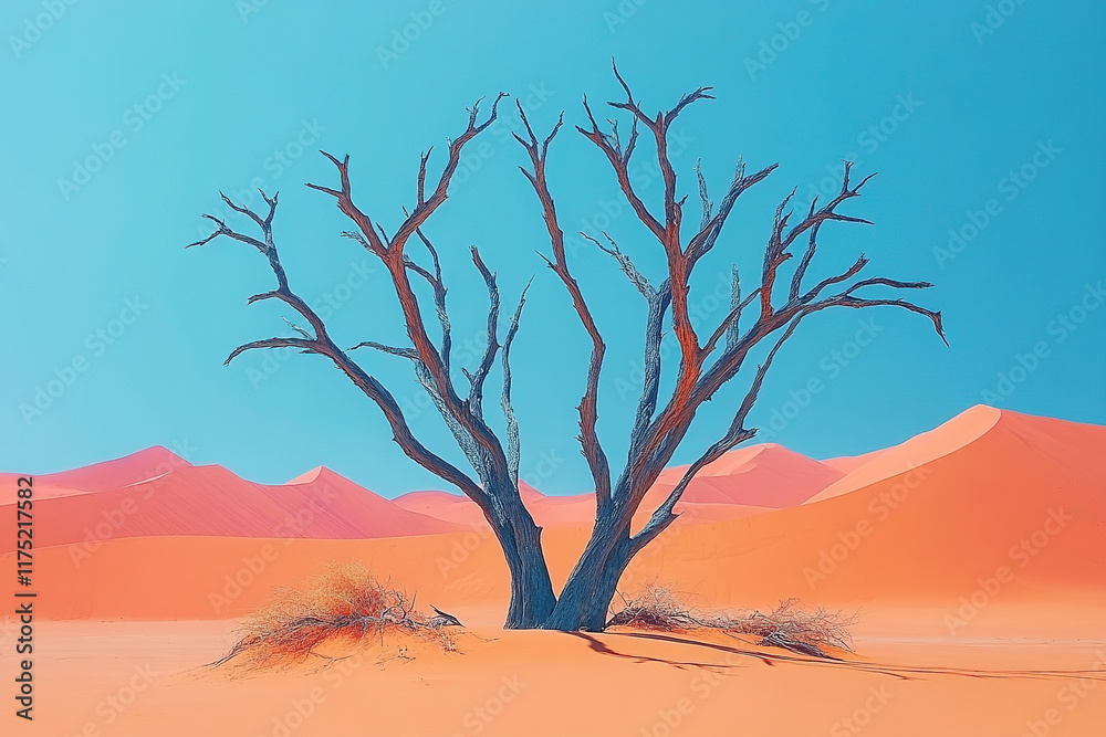 A vibrant, stylized illustration of a lone, barren tree in a desert landscape. A vibrant, stylized illustration of a lone, barren tree in a desert landscape.