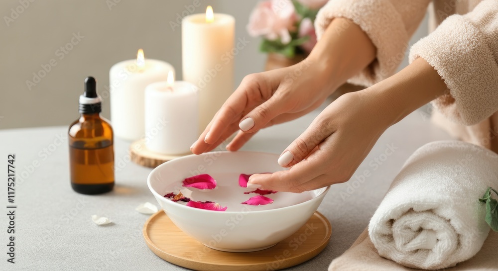 Relaxing spa scene with candles, bowl of water, and petals Female hands, white skin, towel, essential oil Relaxing spa scene with candles, bowl of water, and petals Female hands, white skin, towel, essential oil
