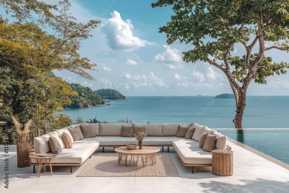 Fototapeta premium Relaxing coastal lounge area overlooking serene ocean view