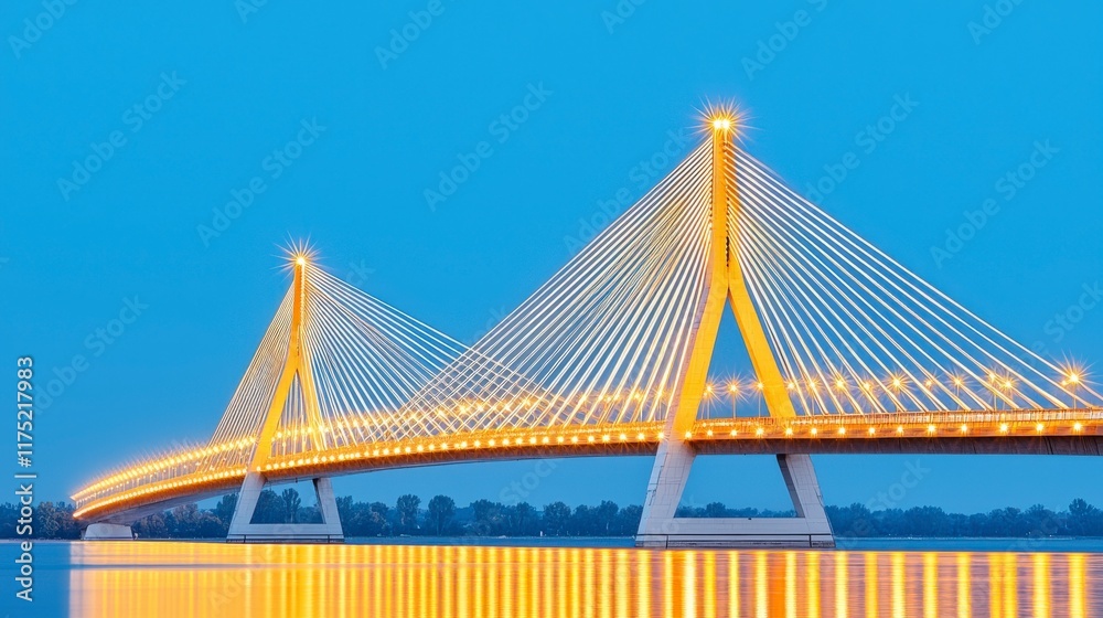 Fototapeta premium Illuminated Suspension Bridge Over Calm Water at Twilight with Clear Blue Sky