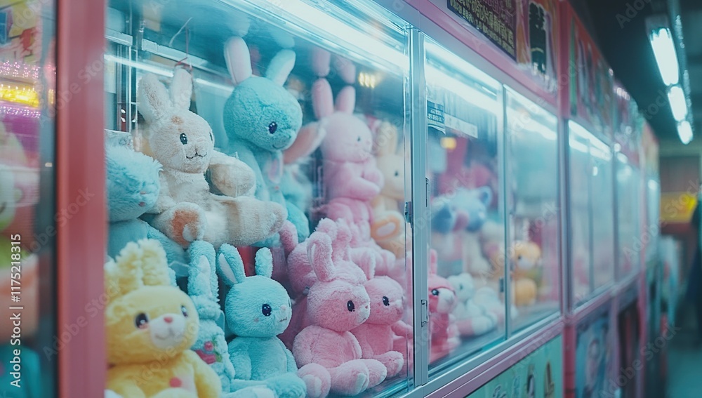 Obraz premium Pastel Paradise: A Row of Claw Machines Filled with Plush Bunnies