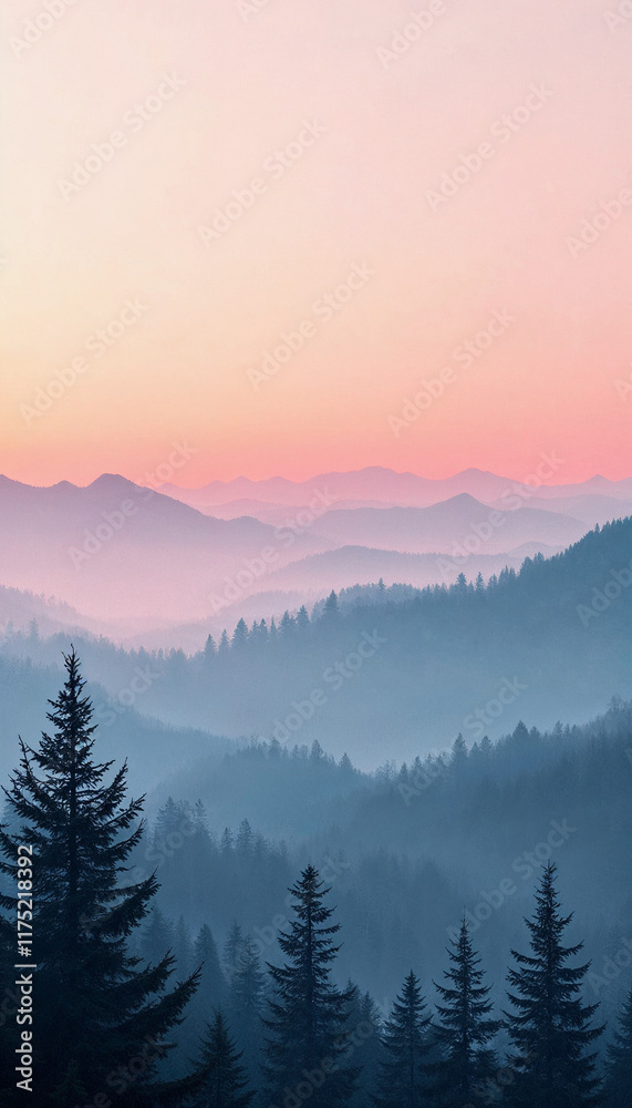 Obraz premium Misty Mountain morning light pink purple pastel gradient dreamy atmosphere phone wallpaper background 4k