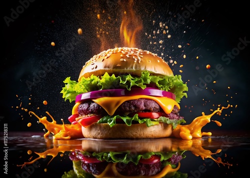 Silhouette of Juicy Cheeseburger with Sauce Splash - Dynamic Floating Food Photography for Advertising