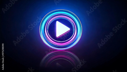 Stunning neon play button icon, vibrant blue and purple glow, perfect for digital media, technology, and entertainment projects.  High-resolution image with reflective surface.