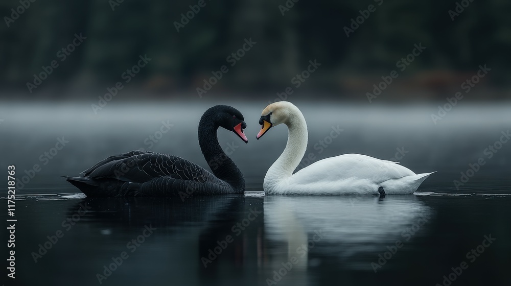 Fototapeta premium Elegant swans share a moment of affection on a misty lake at dawn