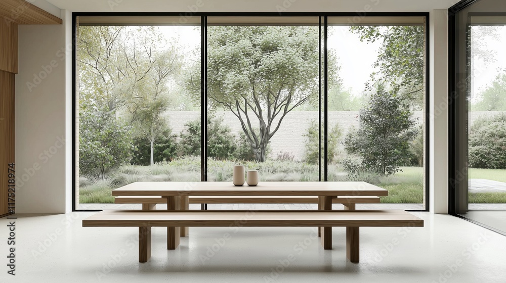 Fototapeta premium Minimalist Dining Area with Floor-to-Ceiling Windows