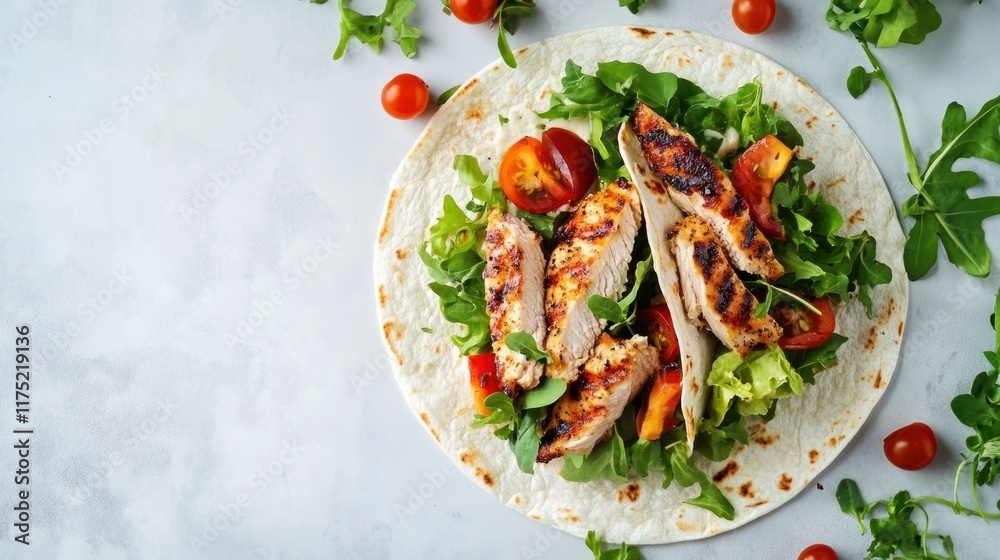 A perfectly folded chicken wrap with grilled chicken and fresh veggies, creating a simple yet delicious presentation, on white A perfectly folded chicken wrap with grilled chicken and fresh veggies, creating a simple yet delicious presentation, on white