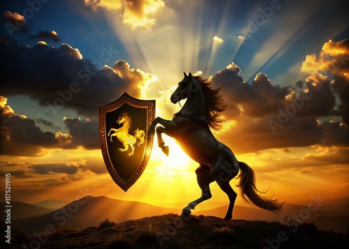 Silhouette of Majestic Horse on Gold Heraldry Shield - Elegant Stock Photo photo