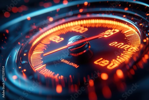 Speedometer displays high velocity in an illuminated dashboard at night