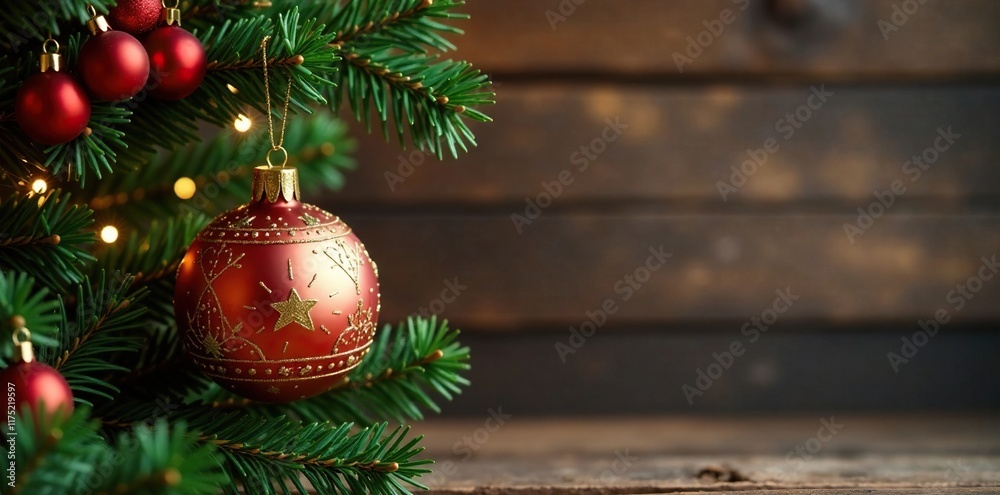 golden ornament hanging from a rustic wooden beam, Christmas, holiday golden ornament hanging from a rustic wooden beam, Christmas, holiday