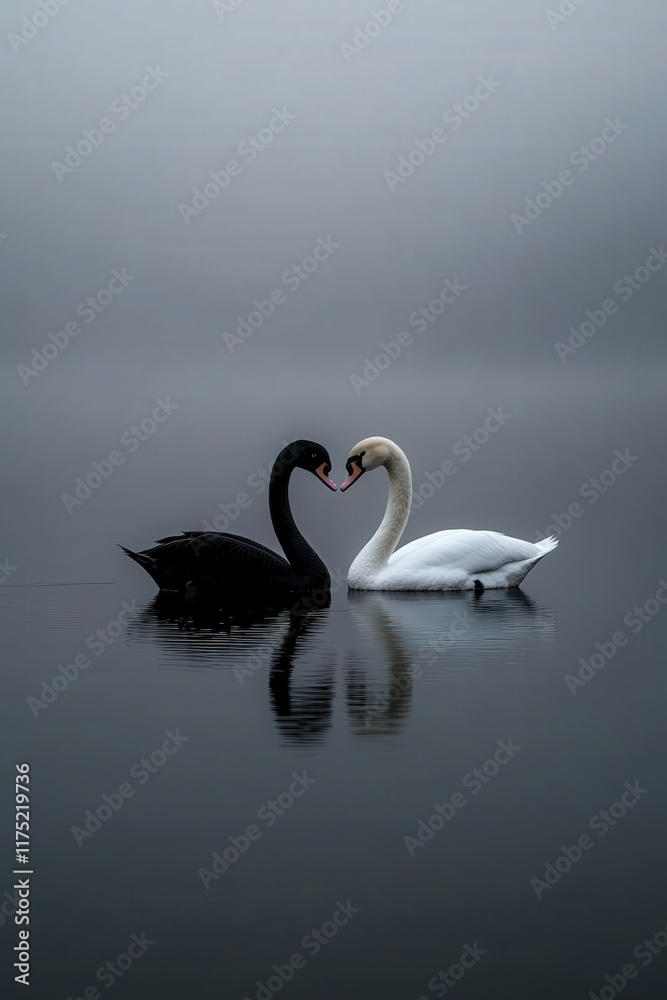 Fototapeta premium Swans in misty lake creating heart shape with their necks
