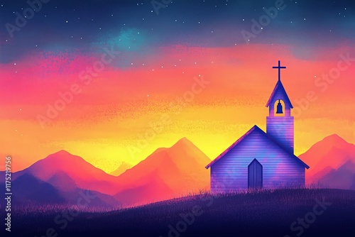 illustration of a church in the mountains at sunset