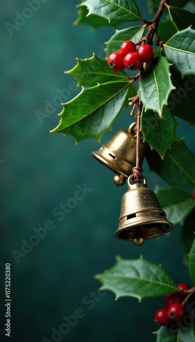 Holly leaves with metallic bells and red berries hanging from the branches, Christmas, winter photo