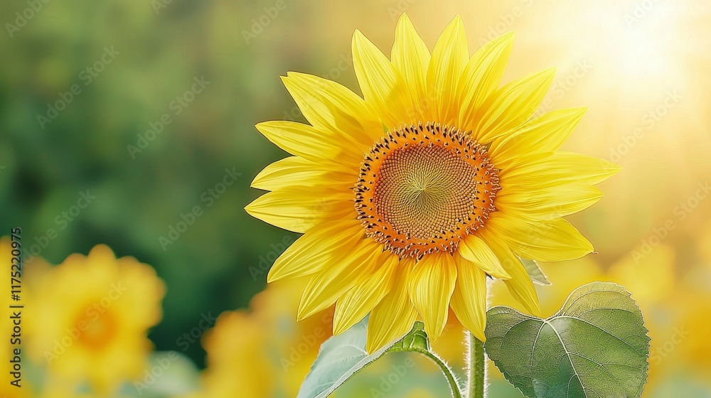 Fototapeta premium Bright and Vibrant Sunflower Bathed in Warm Sunlight Surrounded by Lush Green Background