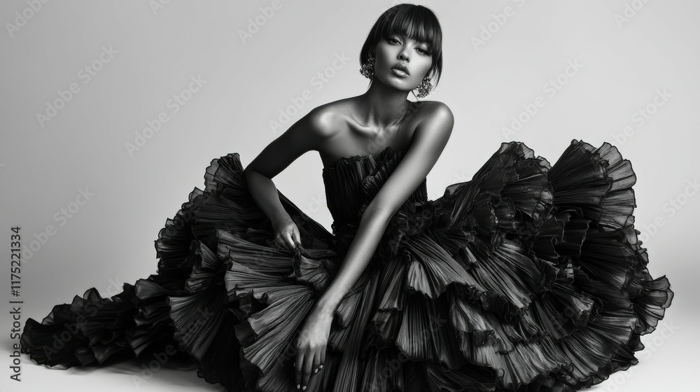 Elegant model poses in dramatic black gown during studio shoot