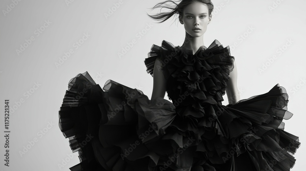 Fototapeta premium Elegant model showcases black ruffled dress in striking monochrome setting