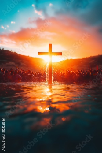 cross on a lake at sunset