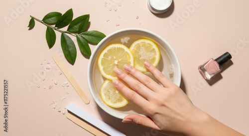 Woman's hand soaking in lemon water, surrounded by nail care items