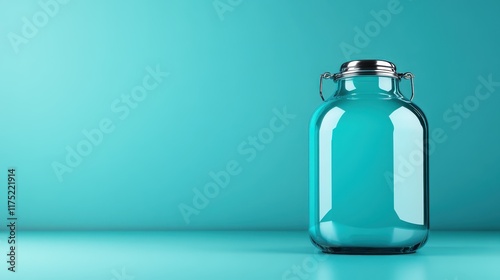 A transparent glass jar with a simple metal clasp, gracefully positioned against a teal backdrop, epitomizing minimalist design and functionality for diverse uses. photo