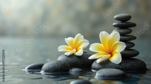 Tranquil spa scene with zen stones and frangipani flowers on water