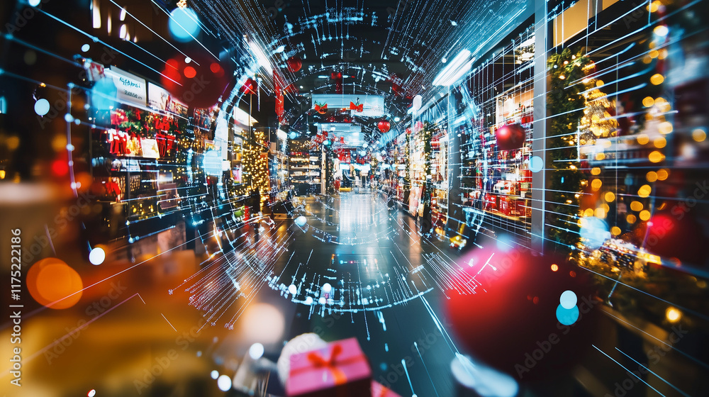 A digital shopping screen displaying an array of Christmas gifts, encircled by virtual decorations and shopping carts, embodying the spirit of holiday shopping
