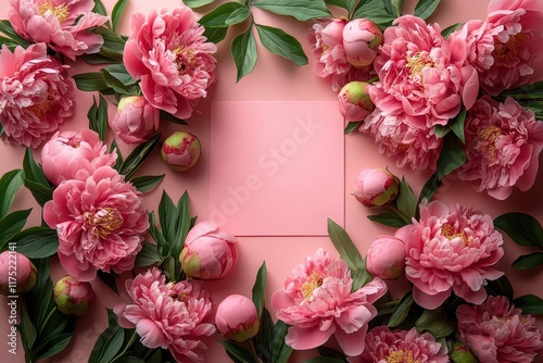 Wallpaper Mural a soft pink background adorned with a lush wreath of blooming pink peonies centered with a blank square sheet for customized messages embodying romance for valentines day and mothers day Torontodigital.ca