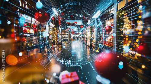Obraz na płótnie A digital shopping screen displaying an array of Christmas gifts, encircled by virtual decorations and shopping carts, embodying the spirit of holiday shopping w salonie