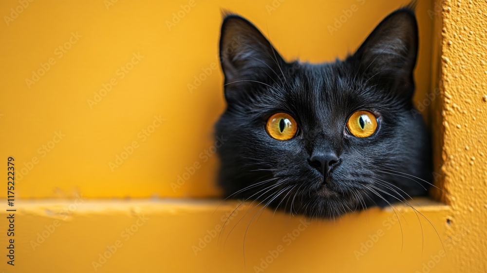 Black Cat with Golden Eyes in Bright Space. Generative AI Black Cat with Golden Eyes in Bright Space. Generative AI